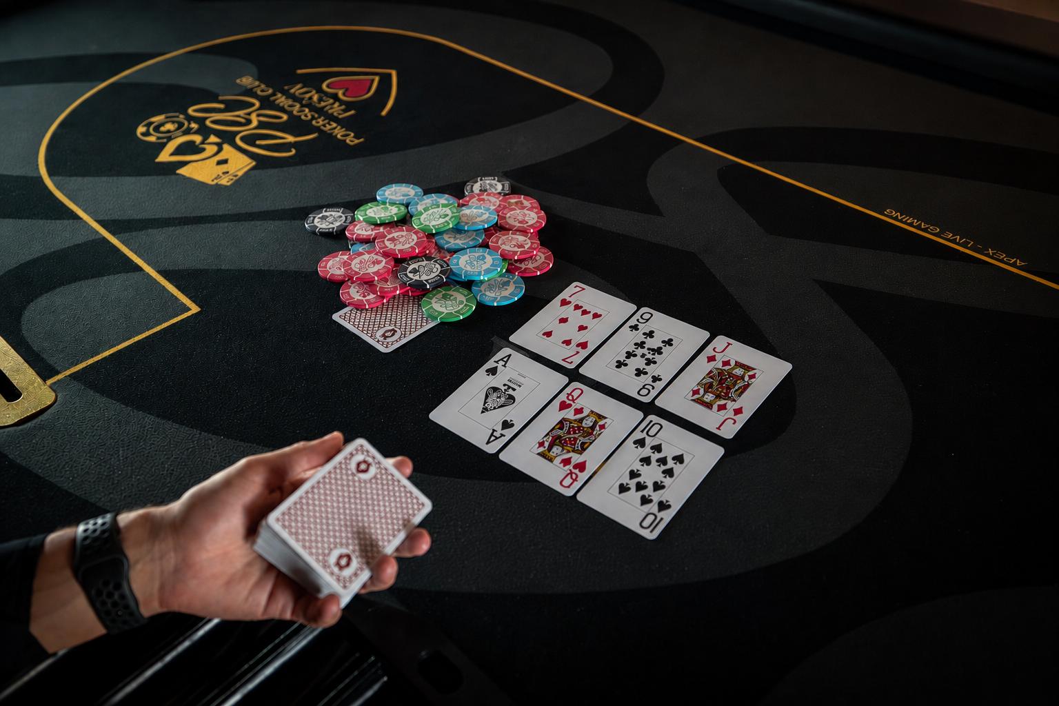 Pokeripöytä vieraiden ympäröimänä